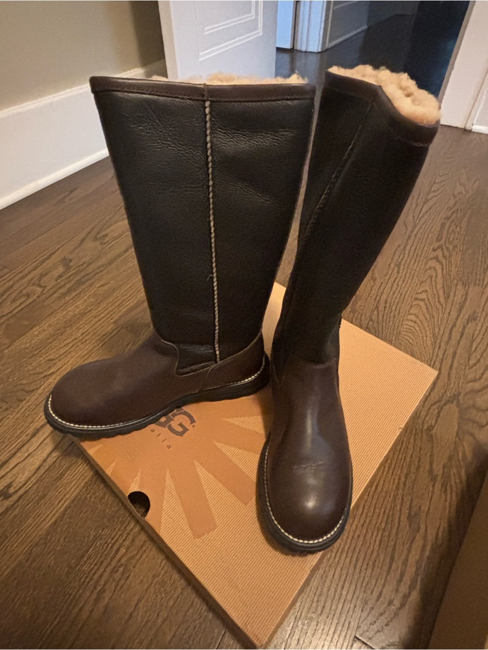 UGG Tall Sheepskin-Lined Leather Boots in Dark Brown